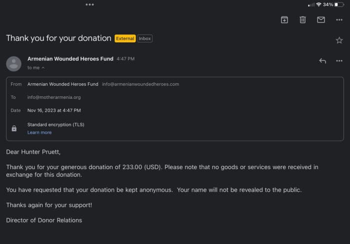 Proof of donation of funds 